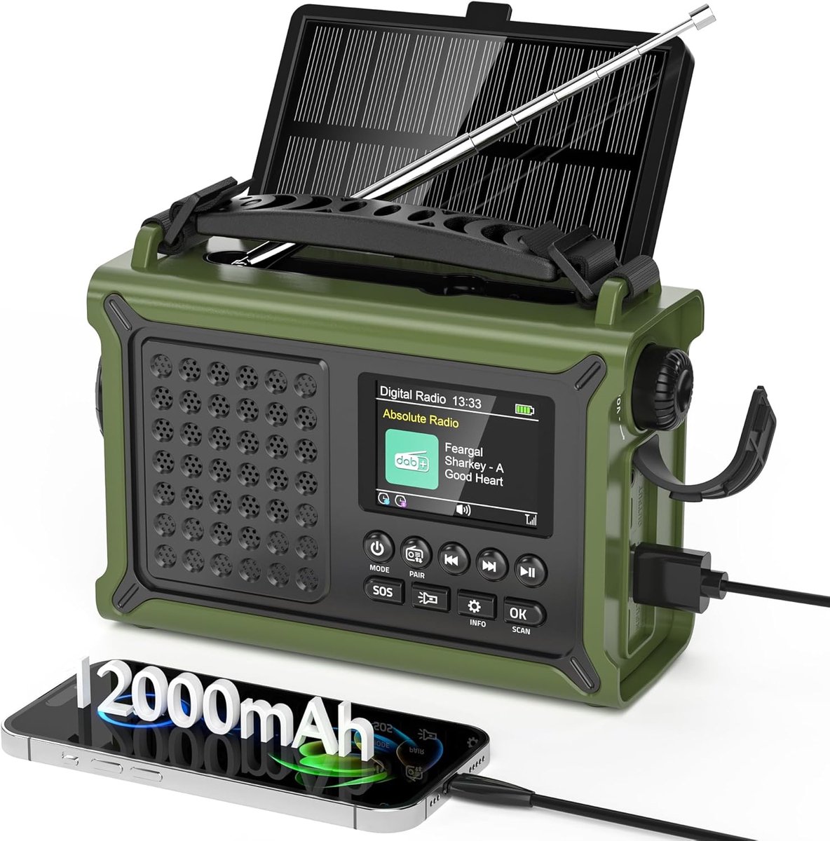 SnelShoppen - Handcrank Radio DAB/DAB+/FM, 12000mAh Accu, 8500 mm² Zonnepaneel, Bluetooth 5.0, Zaklamp, Kampeer Radio voor Noodsituaties, Buiten, Camp