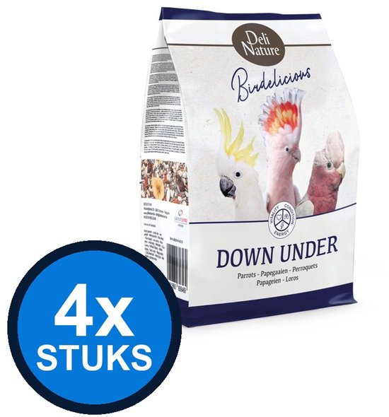 Verpakking met vogelsnack voor papegaaien, met de tekst "Deli Nature Birdelicious Down Under" en "4x STUKS".