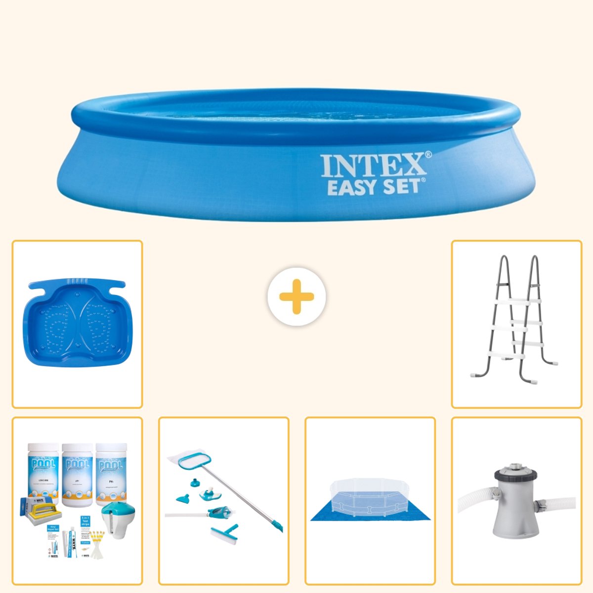 Intex Rond Opblaasbaar Easy Set Zwembad - 305 x 61 cm - Blauw - Inclusief Onderhoudspakket - Schoonmaakset - Grondzeil - Zwembadfilterpomp - Voetenbad - Ladder - 7-delig