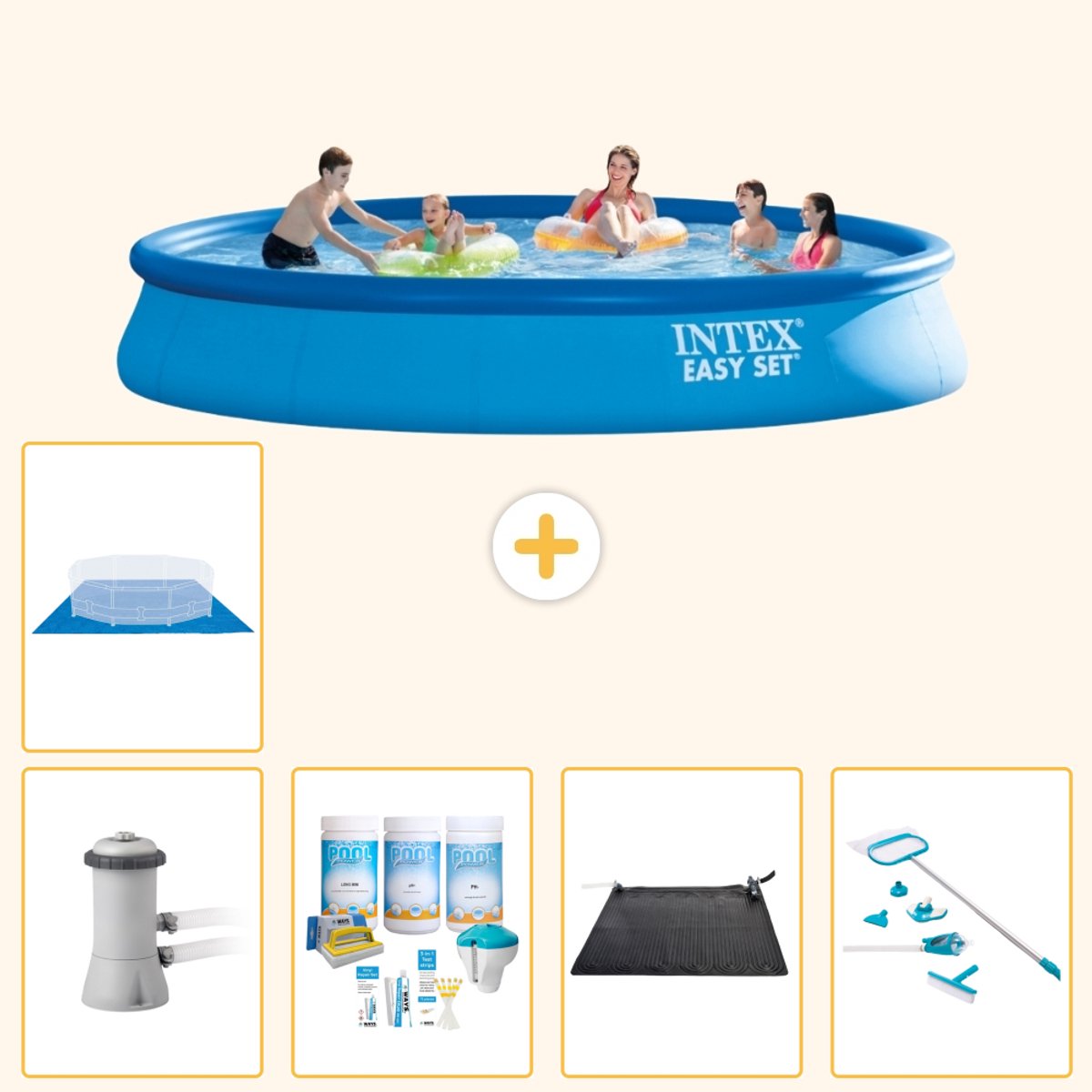 Intex Rond Opblaasbaar Easy Set Zwembad - 457 x 84 cm - Blauw - Inclusief Pomp - Onderhoudspakket - Solar Mat - Schoonmaakset - Grondzeil - 6-delig