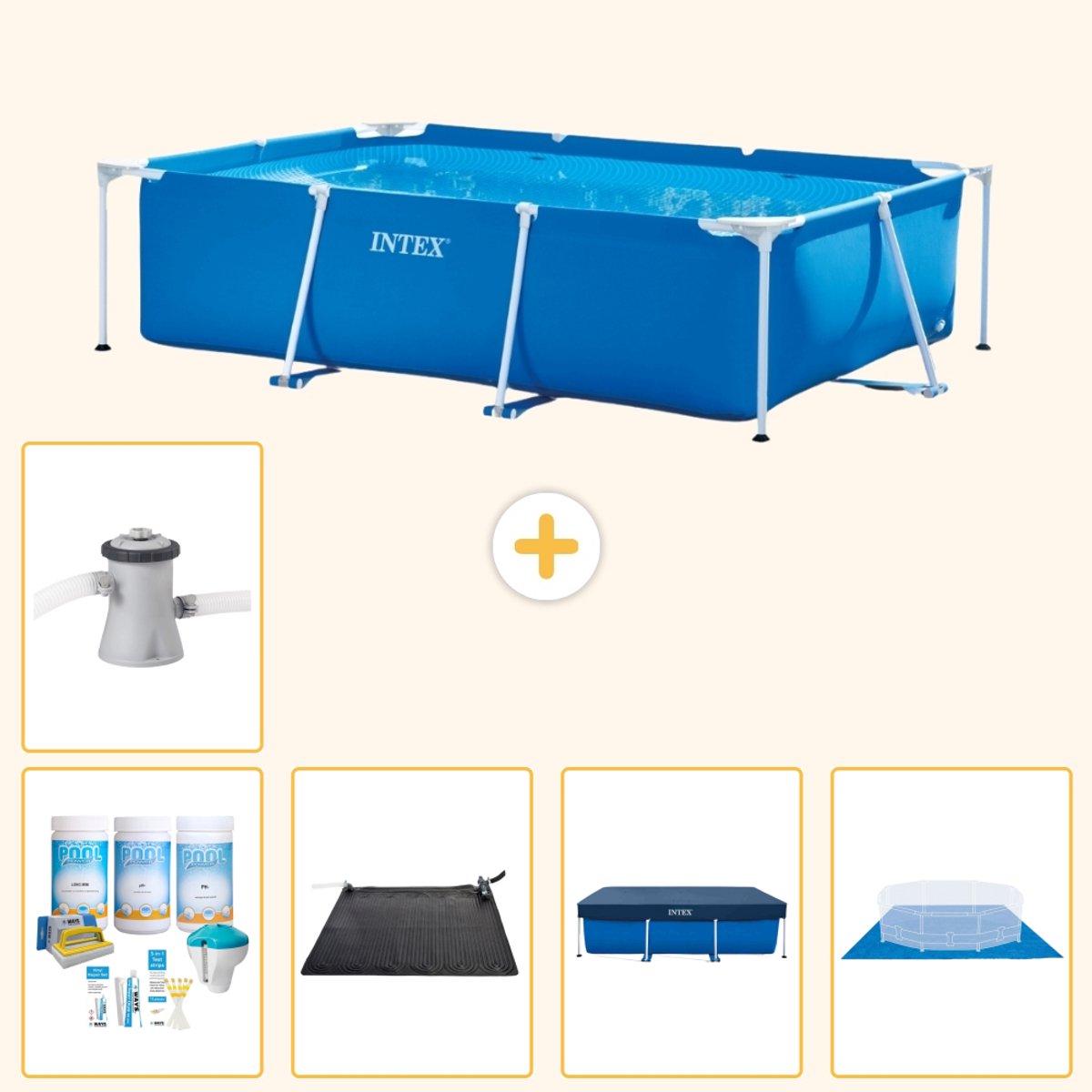 Intex Rechthoekig Frame Zwembad – 260 x 160 x 65 cm – Blauw – Inclusief Onderhoudspakket – Solar Mat – Afdekzeil – Grondzeil – Zwembadfilterpomp – 6-delig