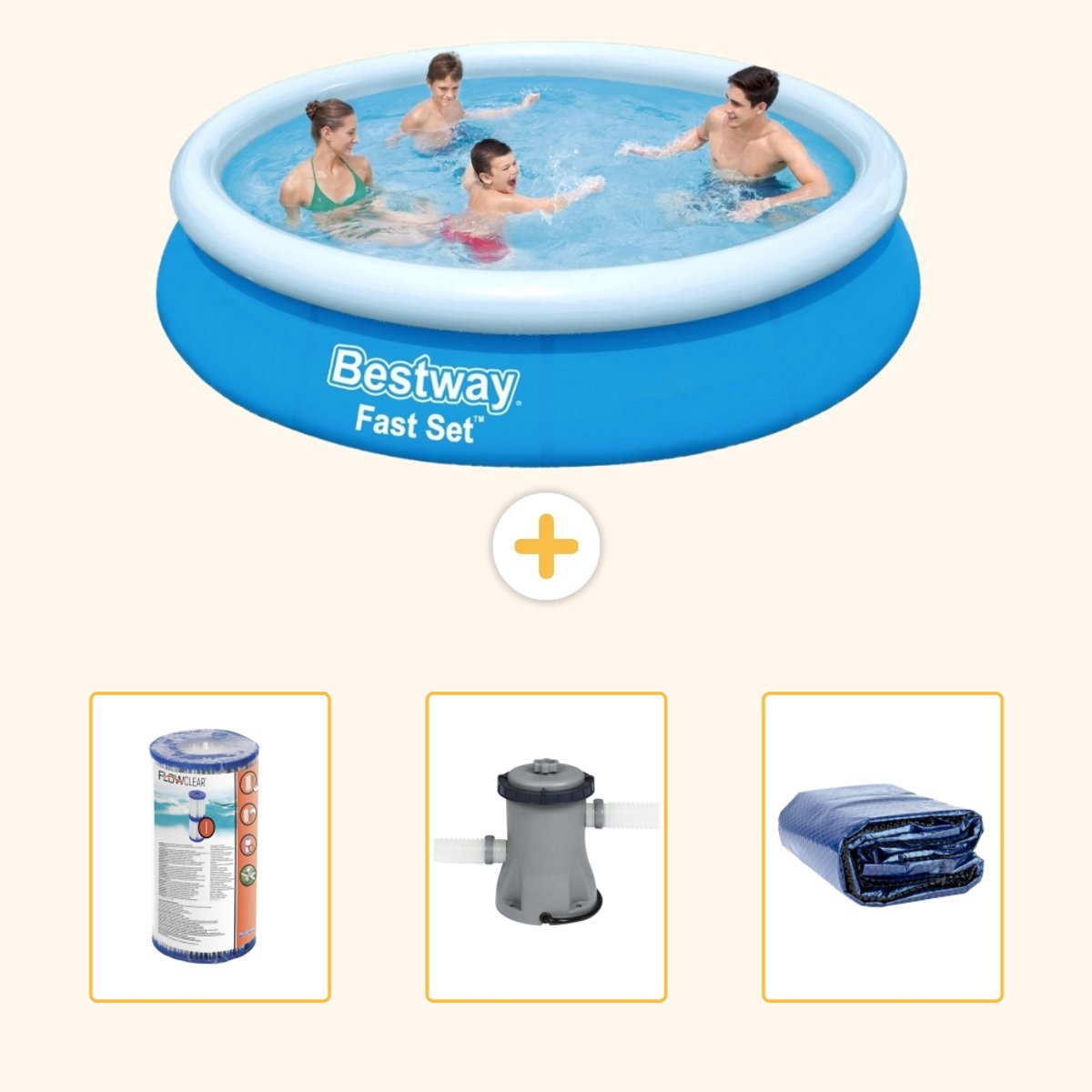 Bestway Rond Opblaasbaar Fast Set Zwembad - 366 x 76 cm - Blauw - Inclusief Filter - Zwembadfilterpomp - Solarzeil - 4-delig
