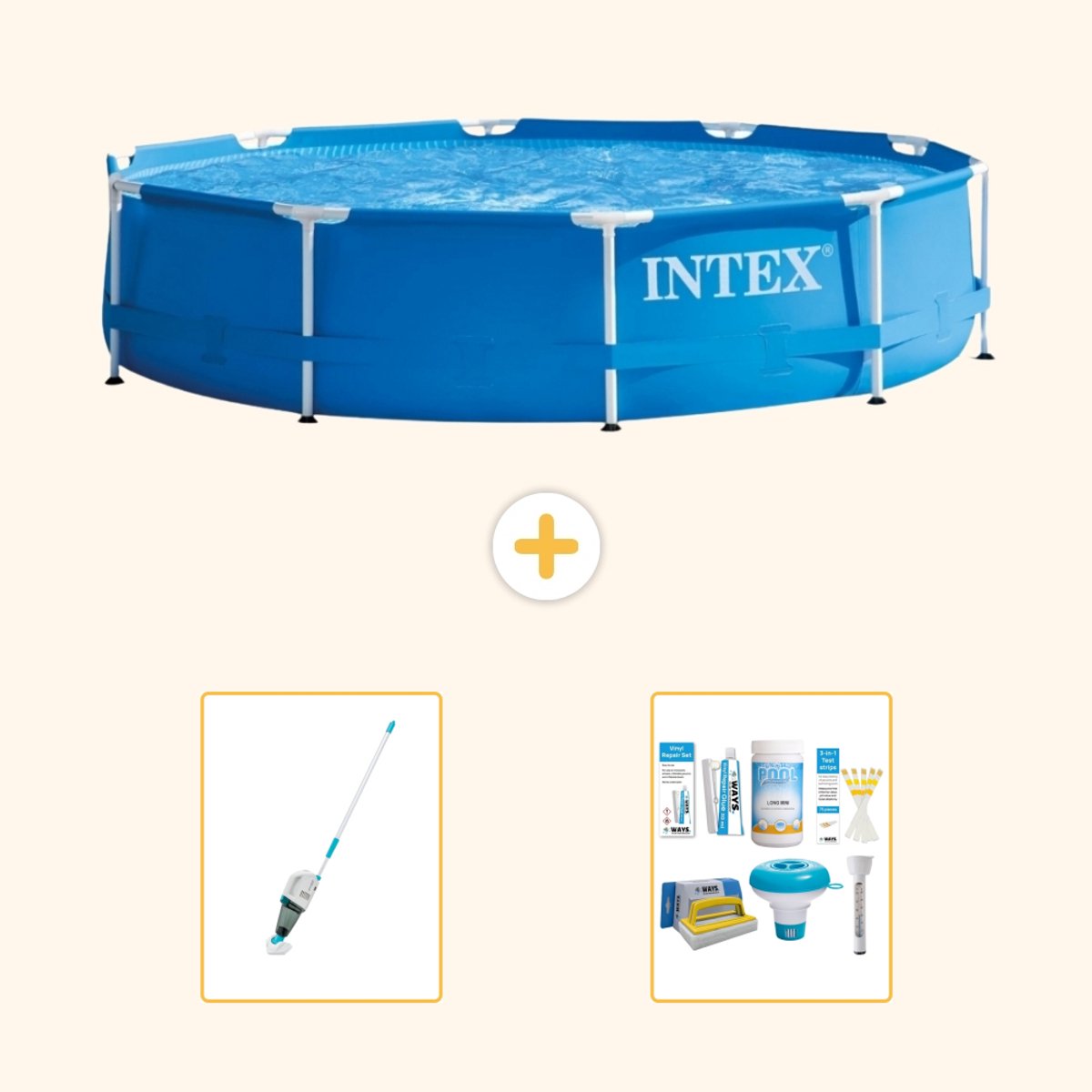 Intex Rond Frame Zwembad - 366 x 76 cm - Blauw - Inclusief Stofzuiger - Onderhoudspakket - 3-delig