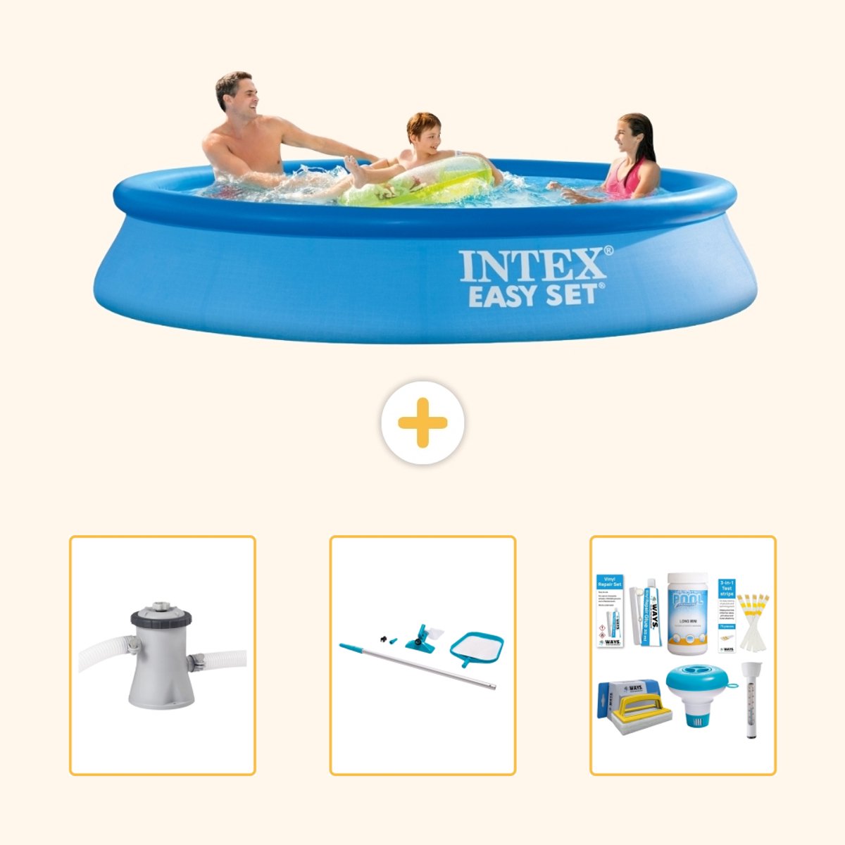 Intex Rond Opblaasbaar Easy Set Zwembad - 305 x 61 cm - Blauw - Inclusief Pomp - Schoonmaakset - Onderhoudspakket - 4-delig