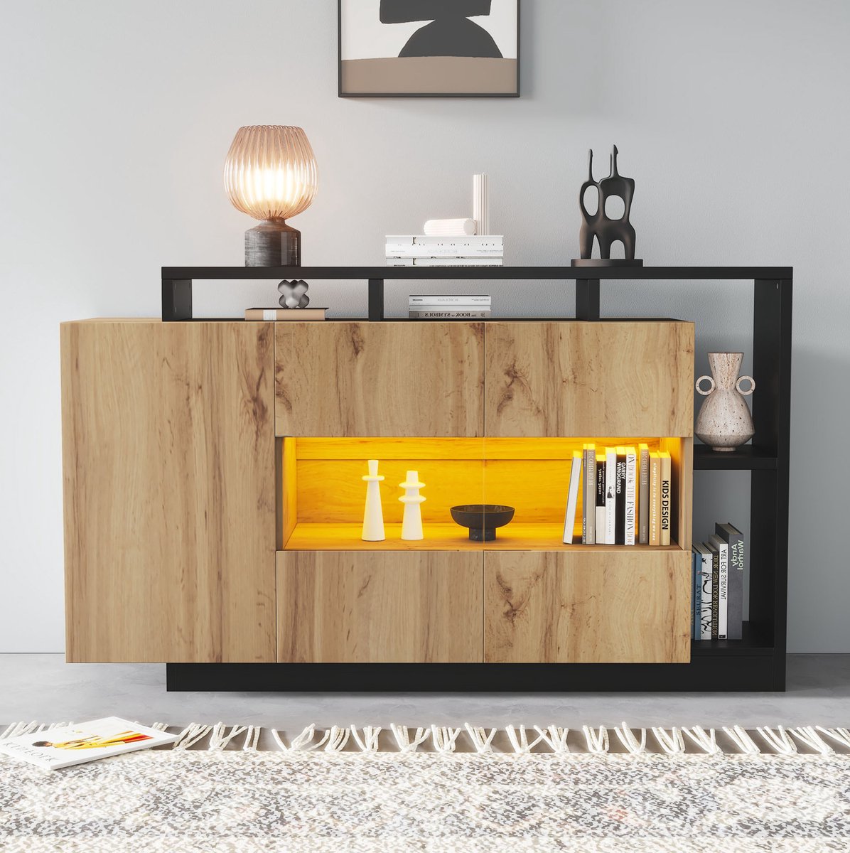 COVREO dressoir 140 x 44 x 93,5 cm - LED sideboard met Bluetooth bediening, verstelbare planken