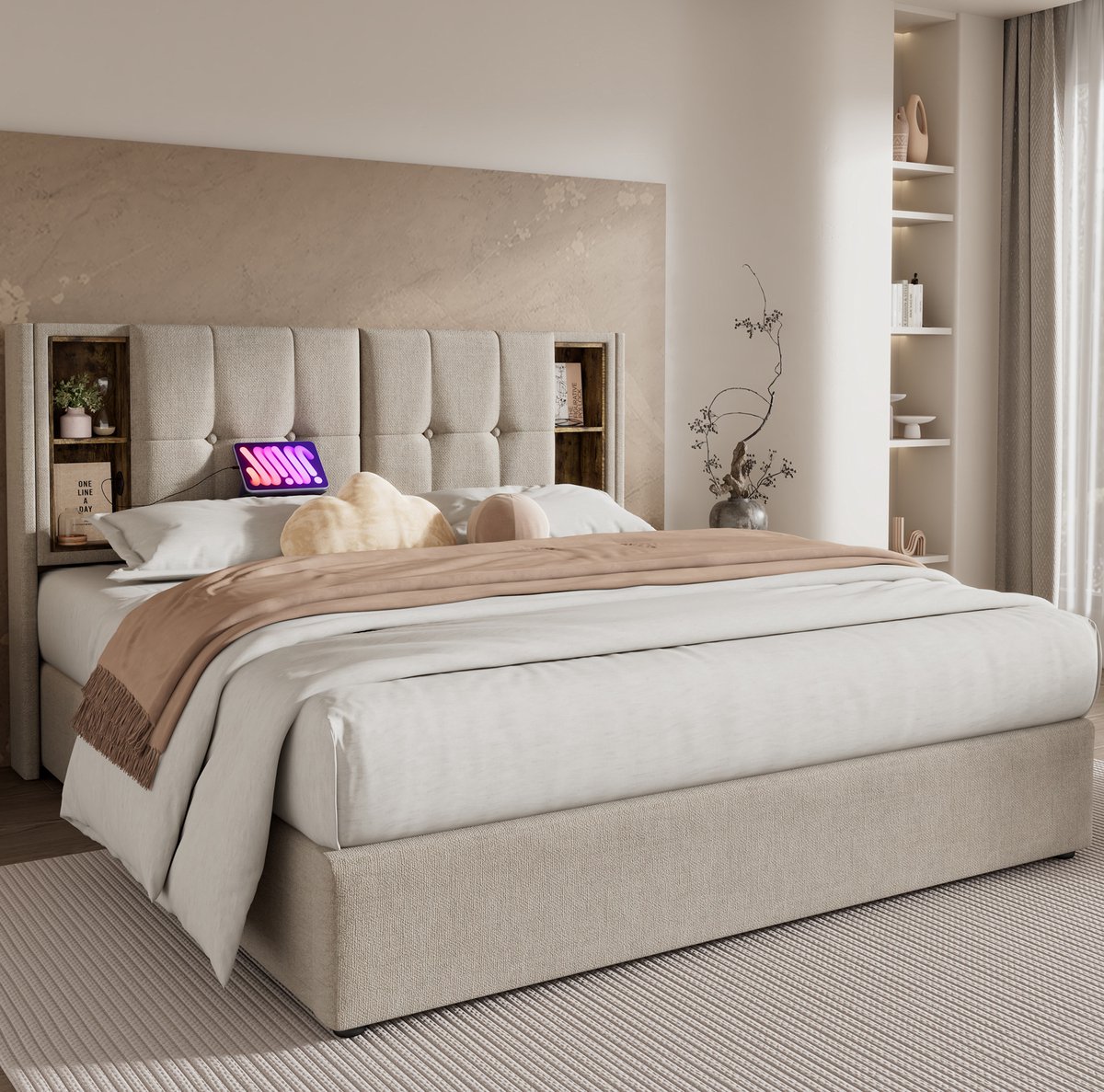STILVORA Gestoffeerd Bed 180x200 cm – Tweepersoonsbed Met Draadloos Opladen En USB C – Opbergruimte In Hoofdbord En Onder Bed – Zonder Matras – Linnenlook – Naturel