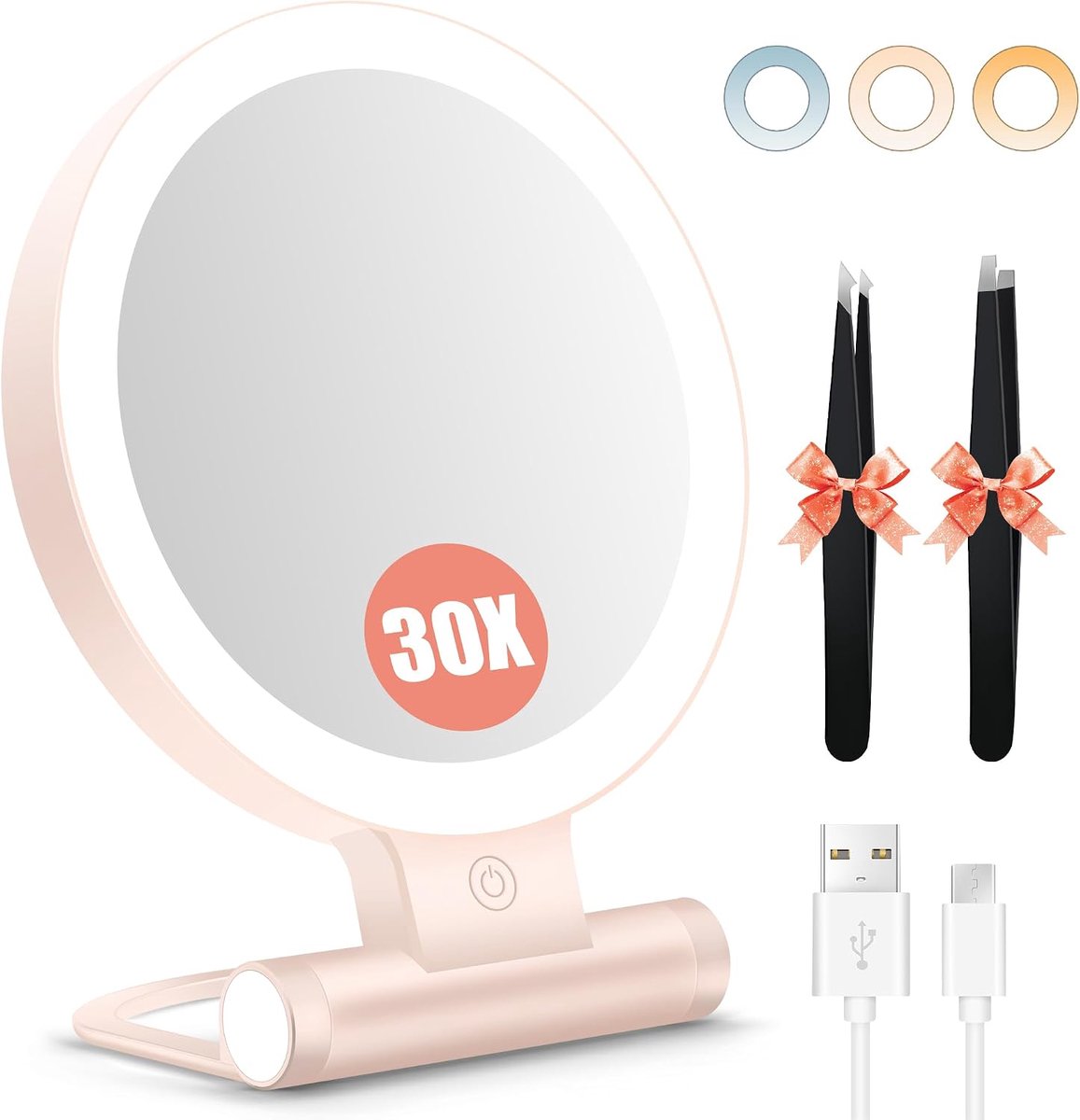 Thijox - Make-upspiegel met Verlichting, Dubbelzijdig, 1X/30X Vergrotingsspiegel, 2000 mAh, 3 Kleuren Verlichtingsmodi, Instelbare Helderheid, Opvouwb