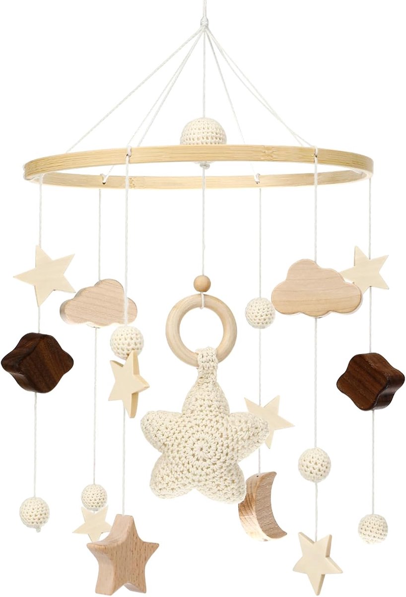 Thijox - Mobiel Babybed met Gehaakte Sterren, Manen en Wolken, Houten Baby Mobiel Windspel, Decoraties voor Babybed, Perfect Cadeau voor Jongens en Me