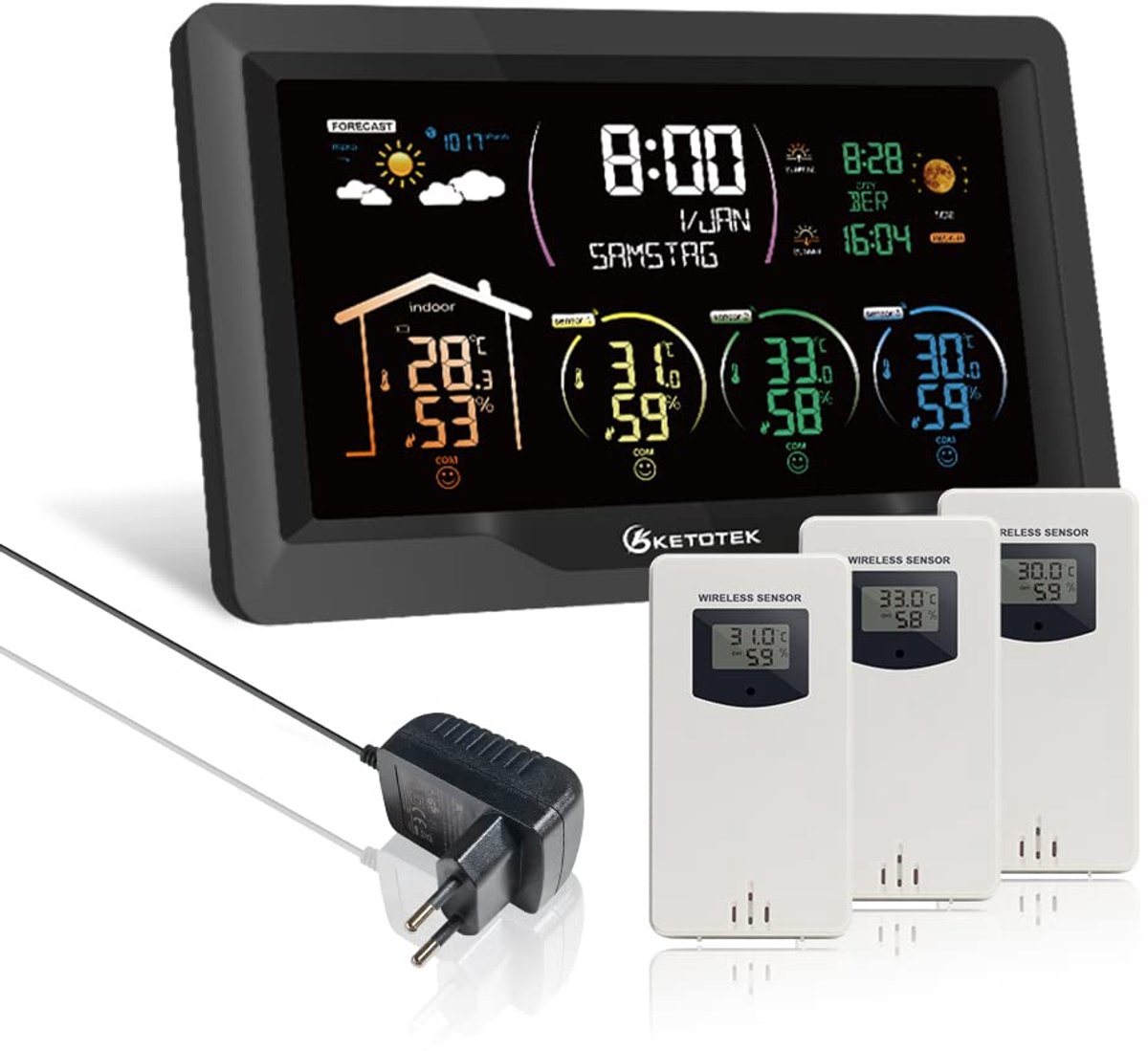 Thijox - Draadloos Weerstation met 3 Buitensensoren, 7,5 inch VA LCD Thermometer, Hygrometer, Barometer, DCF, Wekker, Weersvoorspelling, Maanfase, Zon