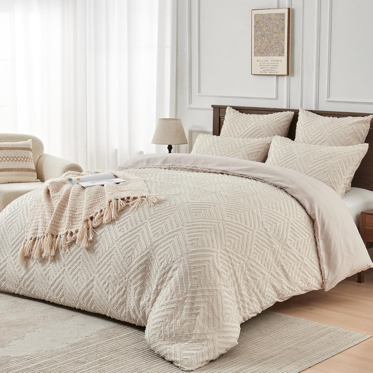 SnelShoppen - Boho Dekbedovertrek 220 x 240 cm Beige Geometrisch Tufted Aesthetic Chic Soft Microfiber 3-delig met Rits en 2 Kussenslopen 80 x 80 cm