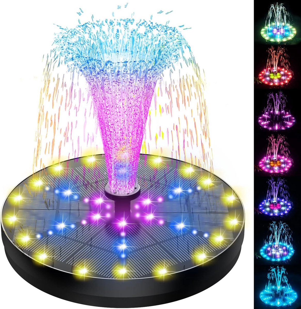 Thijox - Zonnefontein Vogelbad 4W met 60 LED Verlichting, Ingebouwde 4000mAh Batterij, 8 Sproeiers voor Tuin, Waterfontein op Zonne-energie, Ideaal vo