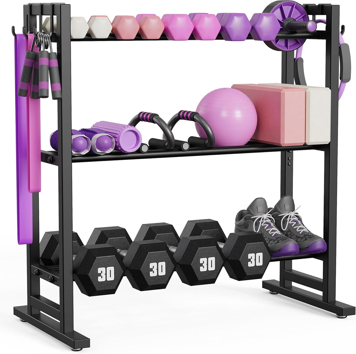 Thijox - 3-laags verstelbare dumbbellrek met verlengde onderkant & zijhaken, robuust 210 kg draagvermogen voor thuisfitness, halterstandaard, gewichte
