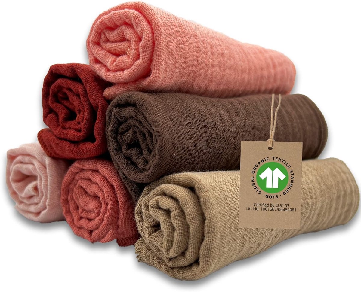Thijox - Set van 6 babyspuugdoeken mousseline van biologisch katoen GOTS 25 x 25 cm - Zachte mini babywashandjes voor meisjes in rood en bruin - Absor