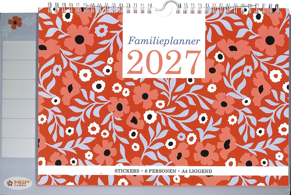MGPcards - Family Planner 2027 - Weekplanner - Week begint op maandag - 34 x 24,5 cm - Rood - Met stickers