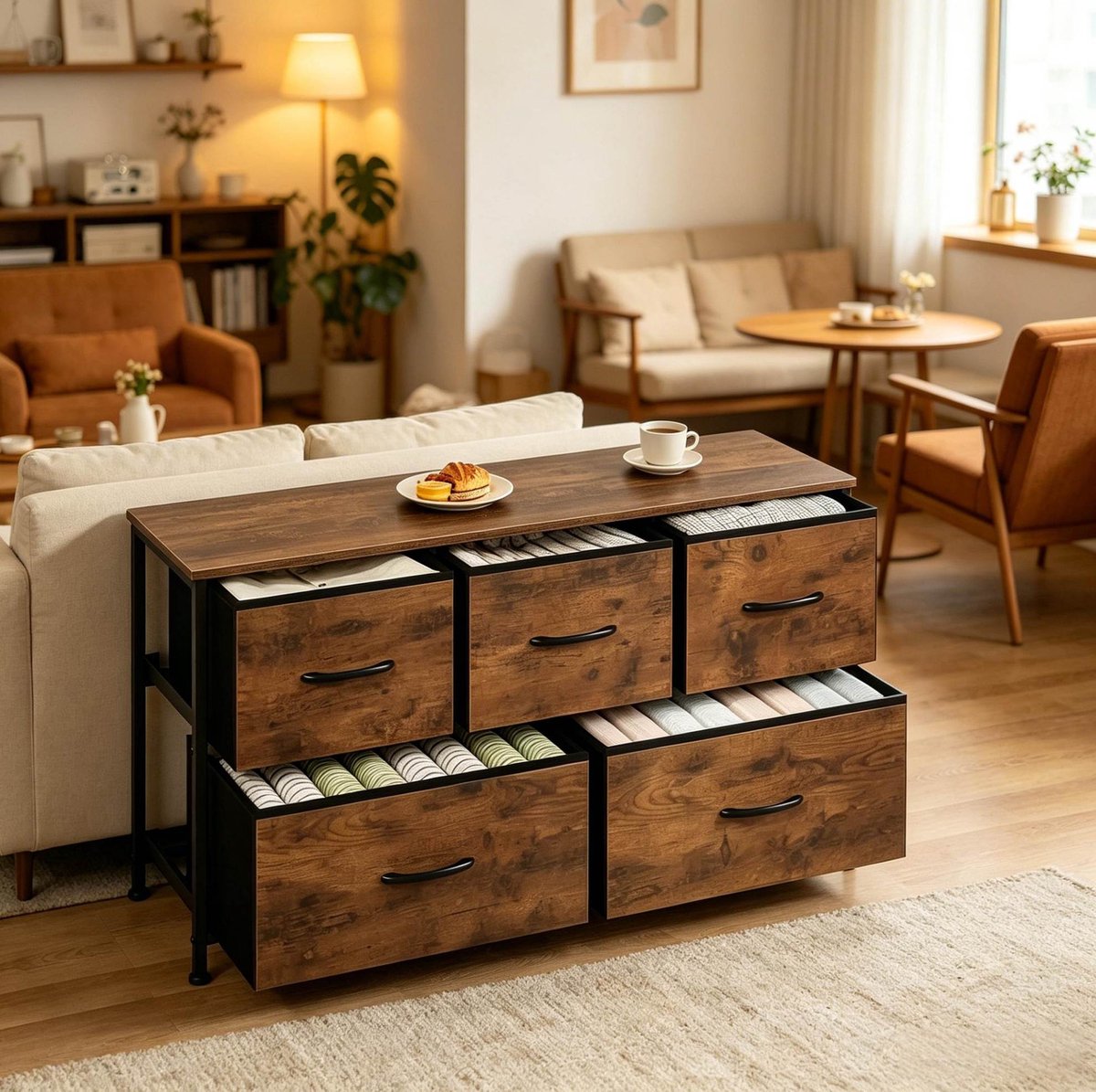 OKWISH Halmeubel - Opbergkast Met 5 Lades - 100 x 30 x 54 cm - Veel Opbergruimte Voor Hal Woonkamer Slaapkamer - Metaal Bruin