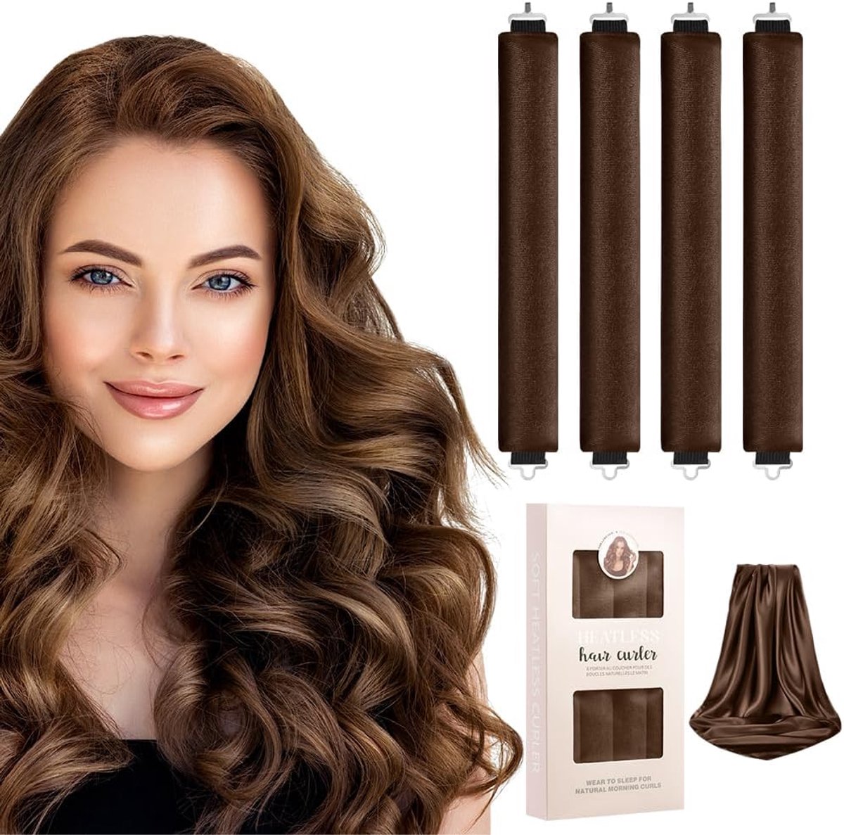 Thijox - 4-Delige Hittevrije Krultang, Haarrollers Zonder Warmte, Zachte Haarband met Haarsjaal, Ideaal voor Nachtgebruik, Perfect voor Lang Haar, Bru