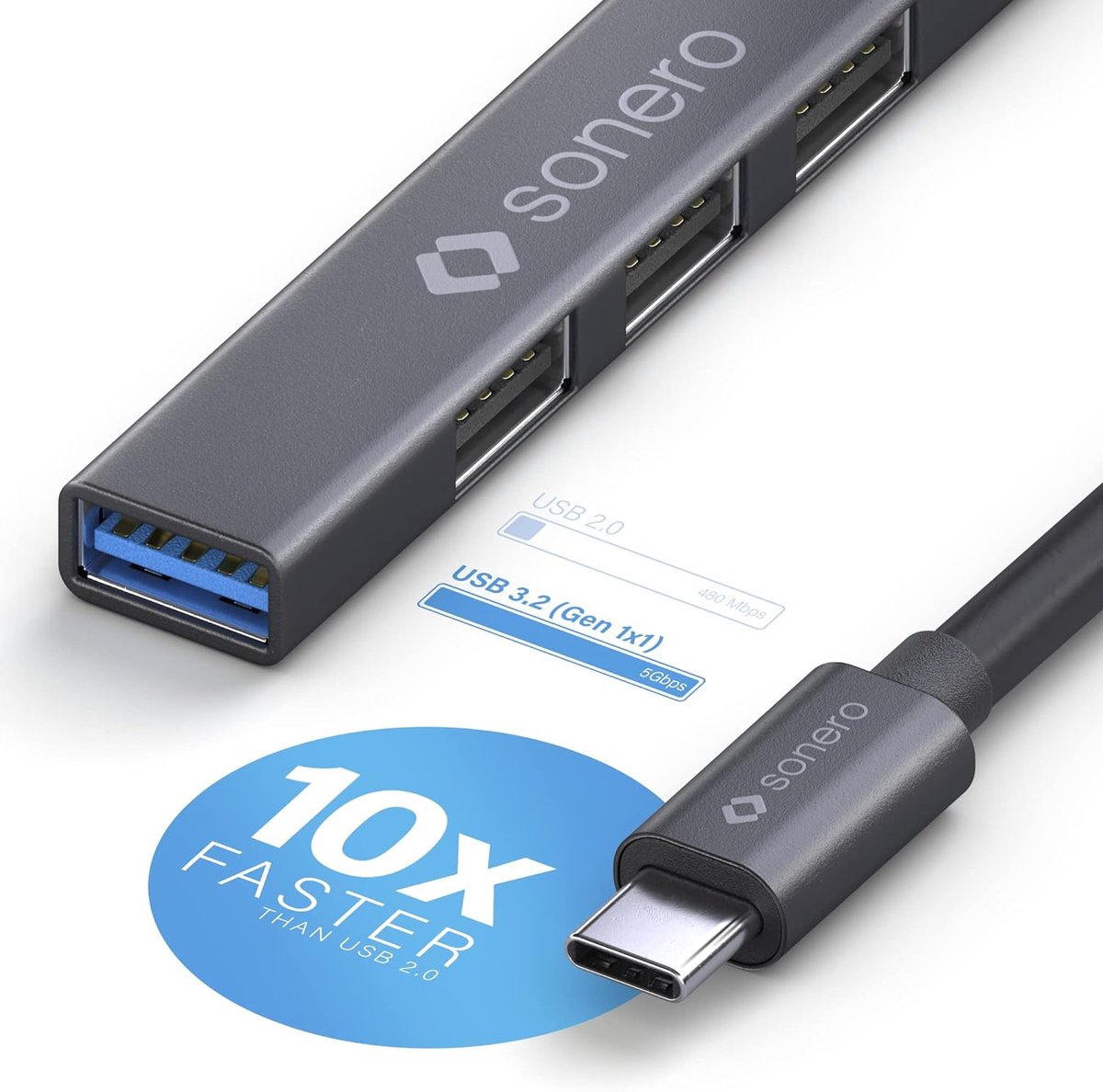 Thijox - USB-hub 4-poorts, USB-distributeur met 1 x USB 3.2 5GB/s en 3 x USB 2.0 480MB/s, ultradun, spacegrijs, USB-C-stekker, 0,50 m voor laptop en d