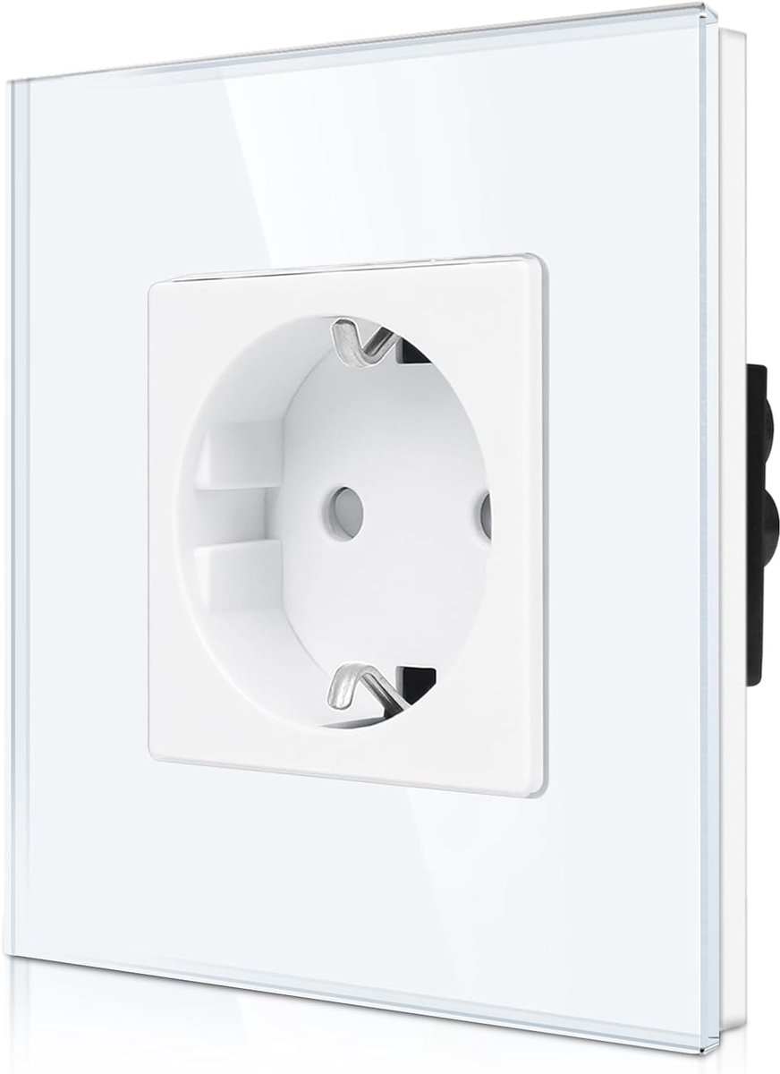 Thijox - Gehard Glas Enkele Inbouwstopcontacten Schuko met Kinderbeveiliging, 16A, Wit, Glazen Frame voor Wandmontage, Ideaal voor Keuken en Woonkamer