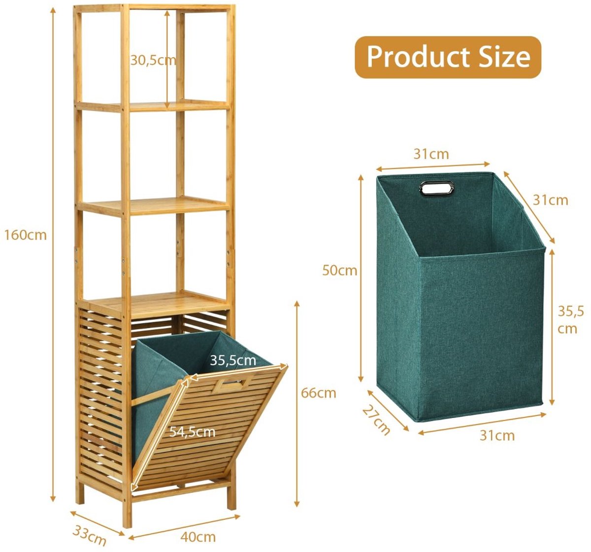 SureDeal® - Badkamerkast - Bamboe Toren Wasmand - Bamboe Wasmand - Planken Ideaal Natuurli