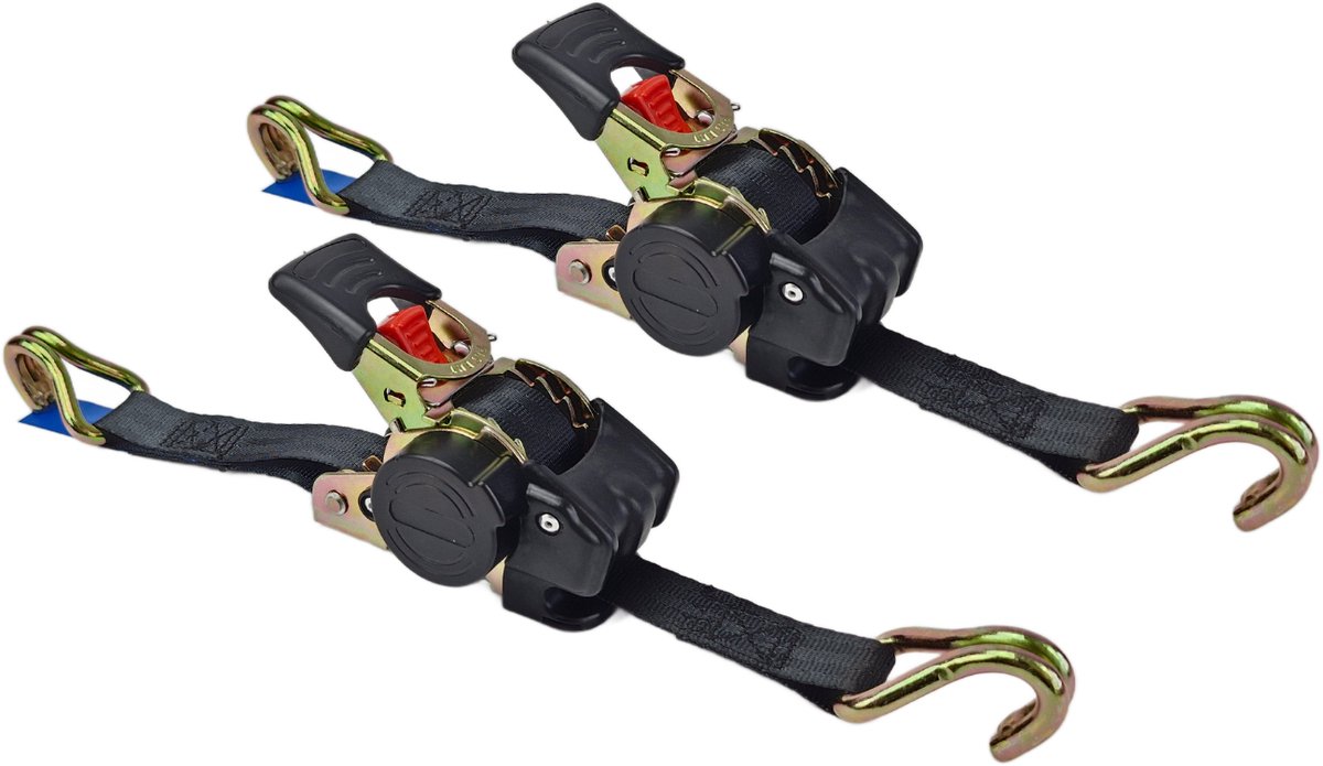 BCF-Products Automatische spanband - met Punthaken - 1.8 meter - Zwart - 2 stuks - Zelfoprollend - 25mm