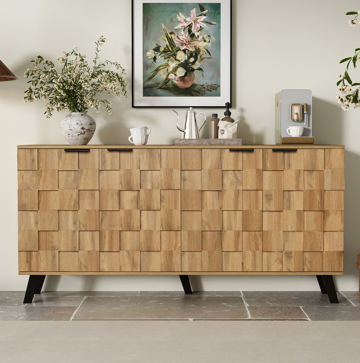 COVREO dressoir 160,5 x 35,5 x 78 cm - 4 deuren, verstelbare planken, houtkleur