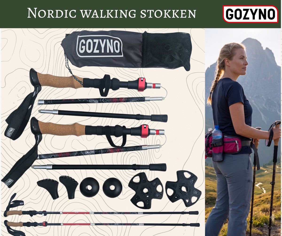 Gozyno Azimuth Z Wandelstokken hiking stokken Set van 2 - Inklapbaar - Verstelbaar 115-135 cm - Aluminium 7075 - Kurken Handvat - Trekkingstokken - Lichtgewicht 320 gram - Inclusief Reflectieband