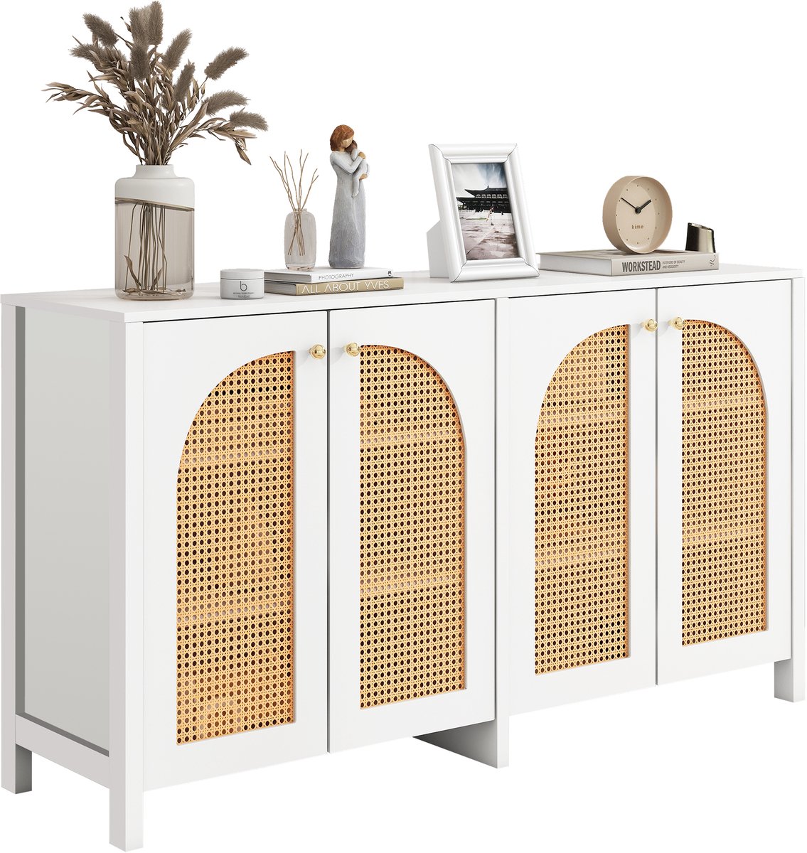 Sideboard Dressoir Opbergkast – met 4 Rattan Deuren 145 cm - Wit