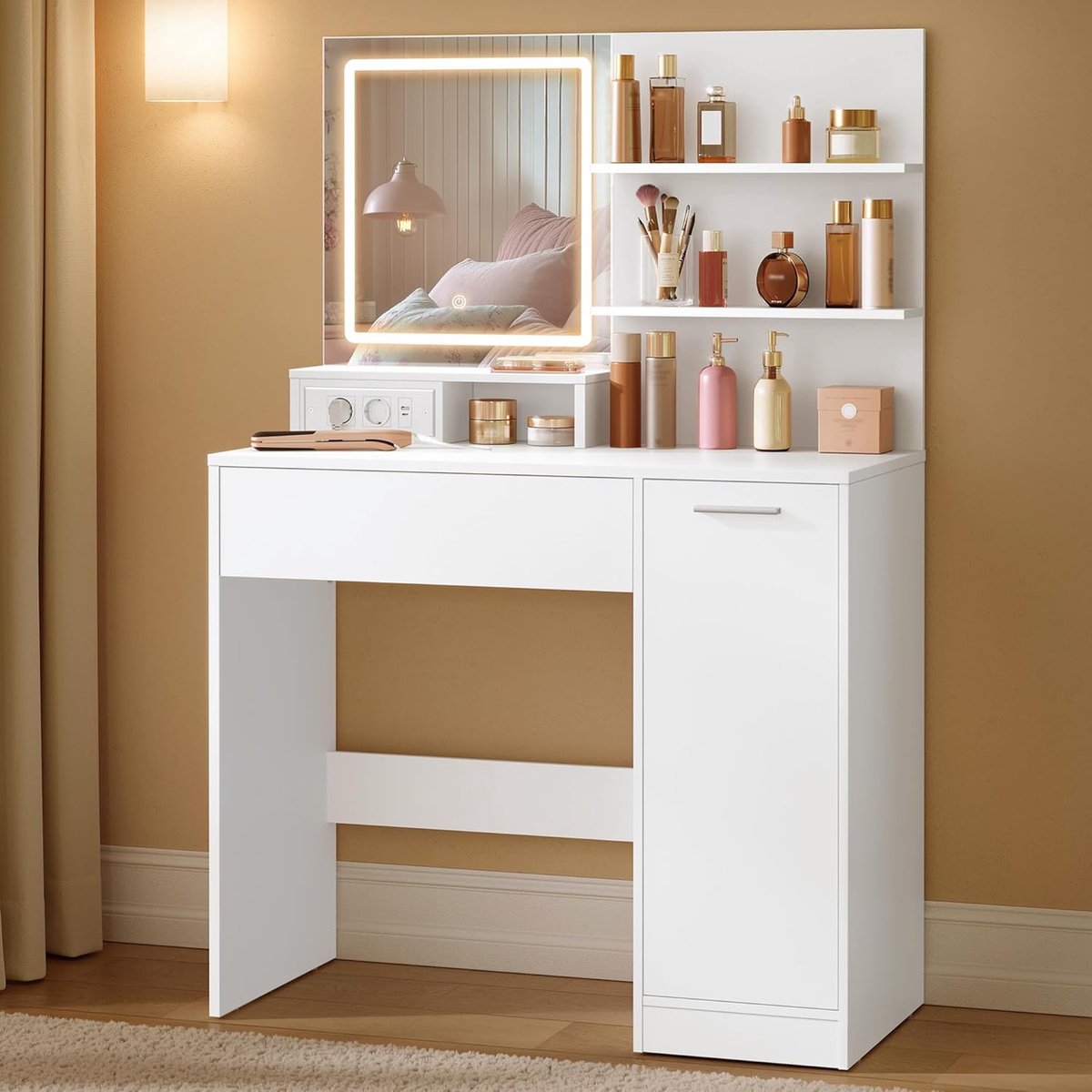 Conway Living® - Kaptafel - Make Up Tafel met Spiegel - LED Lampen - Met Stopcontacten & USB A & USB C - 5 Planken - 3 Lichtkleuren - 140x80x40 cm - Slaapkamer Kleedkamer - Wit