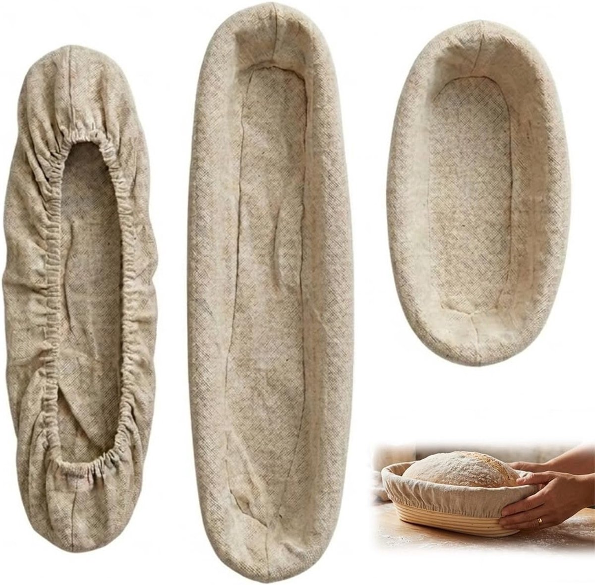 3-delige Set Rijsdoeken: 2 Baguette Doeken (38cm & 44cm) + 1 Ovaal Doek (25cm), Linnen Anti-aanbak Rijsdoeken voor Perfecte Broodvormen