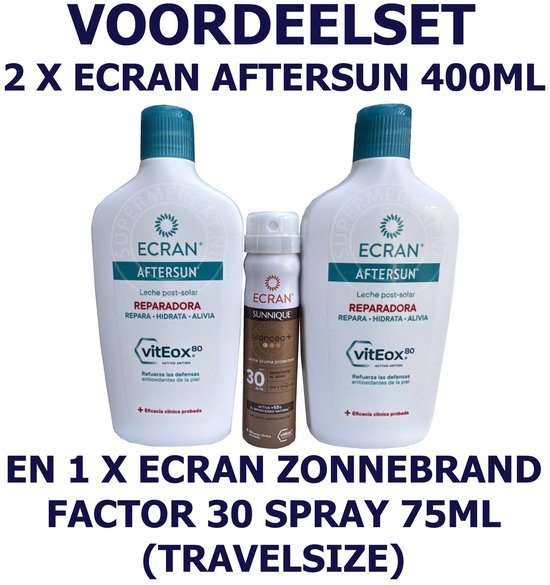 Twee flessen Ecran Aftersun 400ml en één spray Ecran Zonnebrand Factor 30 75ml, reisformaat.