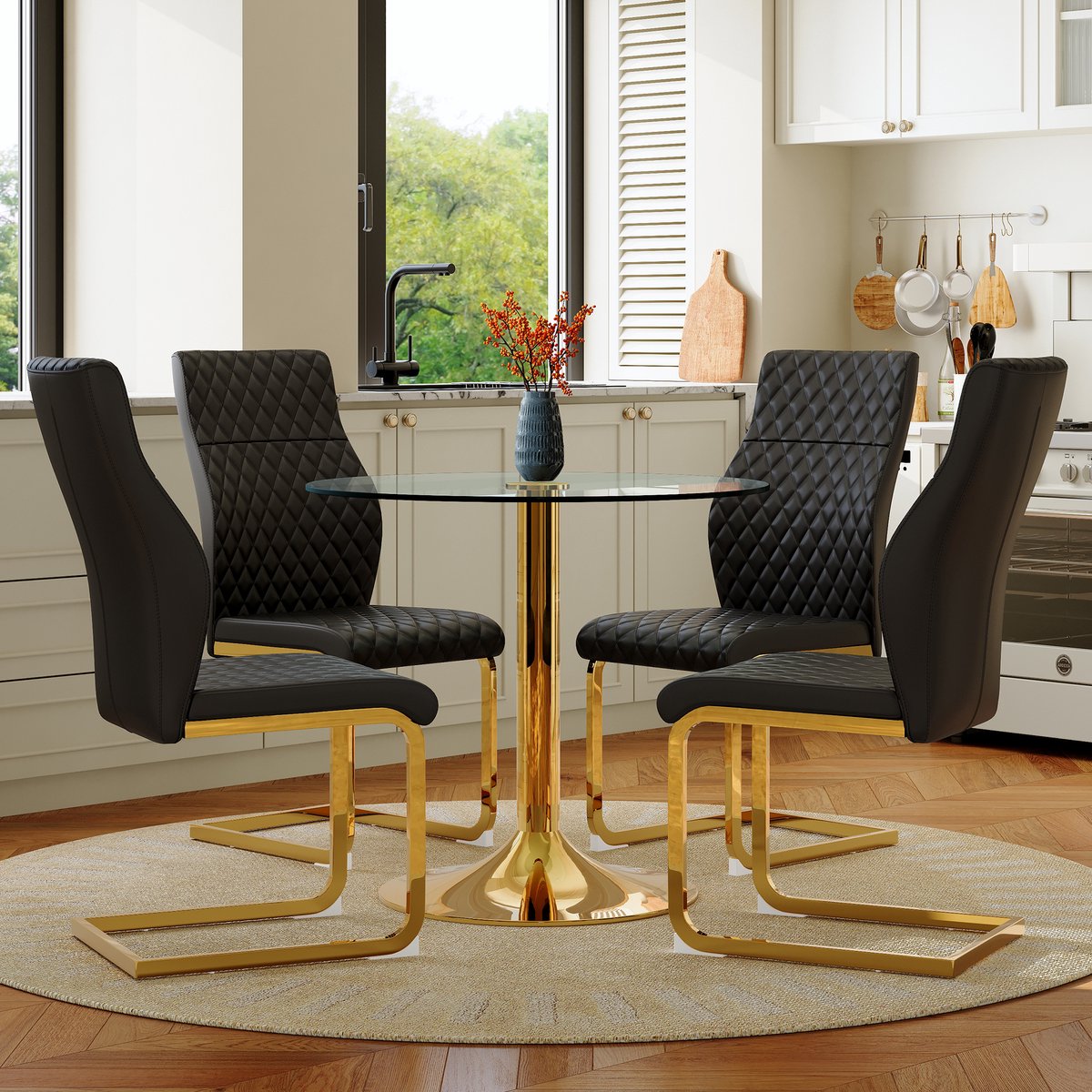 MODENUIT Eetkamerset 85 cm - Ronde Tafel Van Gehard Glas Met 4 Stoelen - Voor Eetkamer En Horeca - Glas Metaal - Zwart Goud Zwart, Goud, Transparant