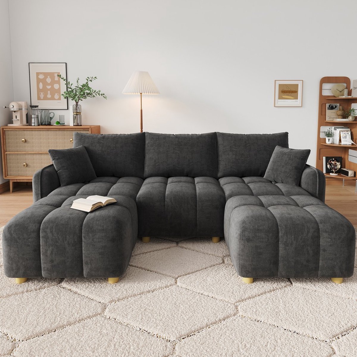 KOMHTOM Hoekbank - Modulaire L/U-Vorm - Chenille Stof - 5-Zits met Poefs, Kussens en Verstelbare Armleuningen - Grijs - Woonkamer & Appartement