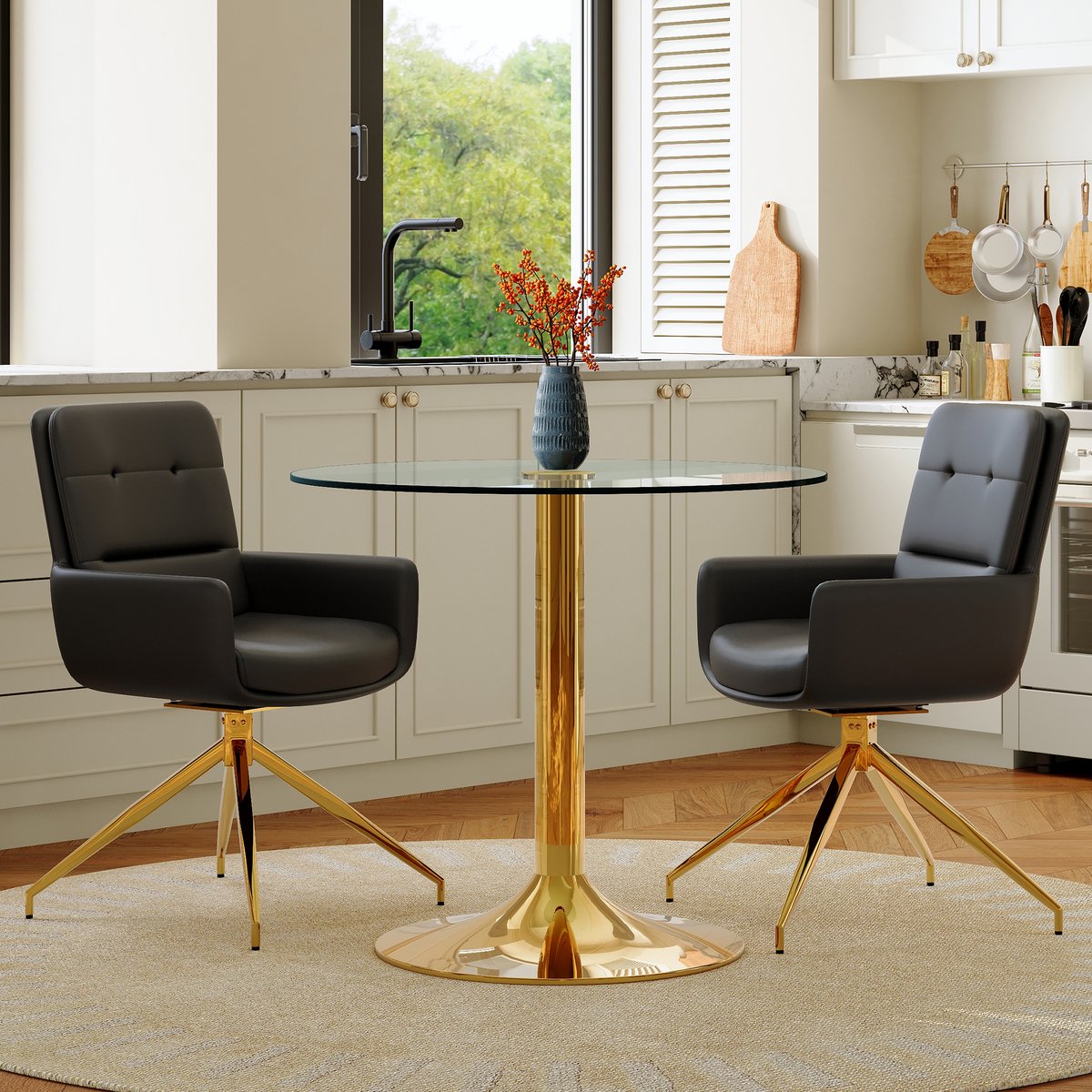 MODENUIT Eettafelset Rond 85 Cm - Draaistoelen - Voor Eetkamer En Café - Gehard Glas En Metaal - Zwart Goud Zwart, Goud, Transparant