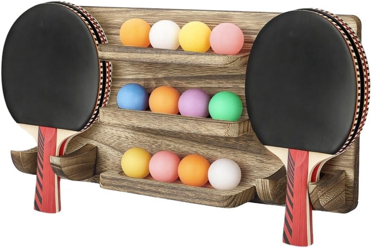Wandgemonteerde Houten Tafeltennis Paddle Houder voor Thuis en Garage, Ideaal voor Organisatie en Opslag van Tafeltennisaccessoires, Koffiekleur
