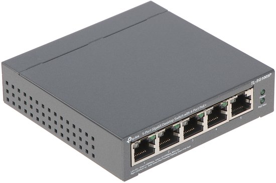 Grijze TP-Link TL-SG1005P 5-poorts Gigabit desktop switch met 4 PoE+ poorten.