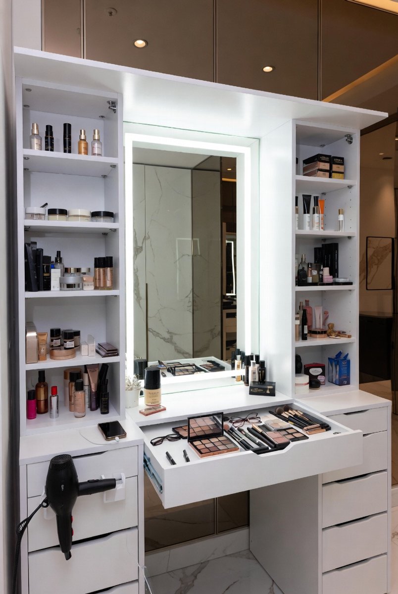 Makeup table with mirror and lighting, 135 cm, large makeup table with power outlet, USB, drawers and glass top, white vanity table as dressing table/vanity table for bedroom-Medahomestore