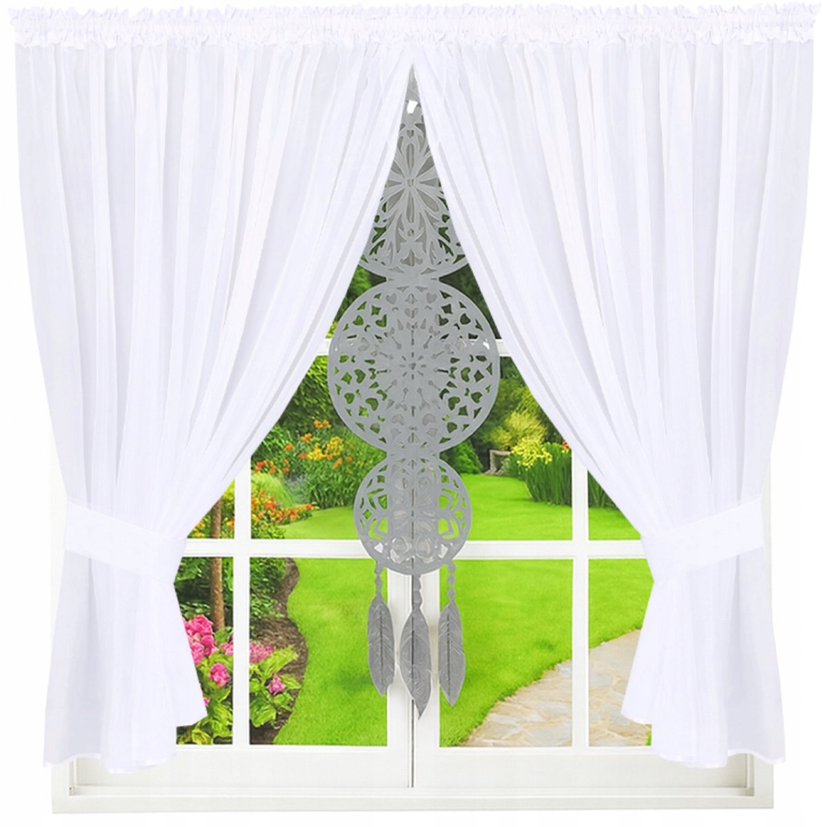 NOW-ART Dromenvanger - Vitragegordijn met Vilten Paneel - Wit en Zwart - 400 x 130 cm Wit;Zwart