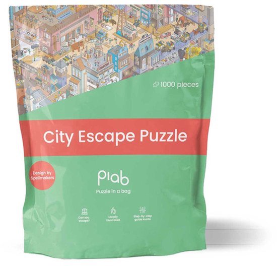 Lichtgroene verpakking van een puzzel met de titel 'City Escape Puzzle'.