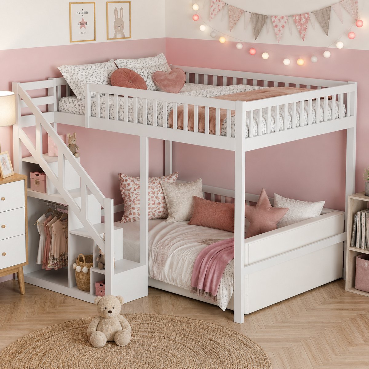 Hoogslaper stapelbed 90x200 cm, Kinderbed met valbeveiliging, trapje, opbergruimte, Stapelbed voor Kinderen, Tieners, massief hout, Wit