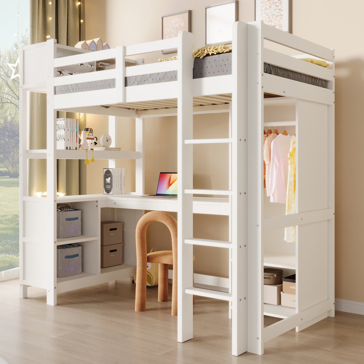 MEUNIQ hoogslaper 90x200 cm met bureau, open vakken en kledingkast, bed met opbergruimte voor kinderkamer, wit