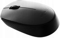 Compacte, donkergrijze Logitech muis met scrollwiel en een textuur aan de zijkant.