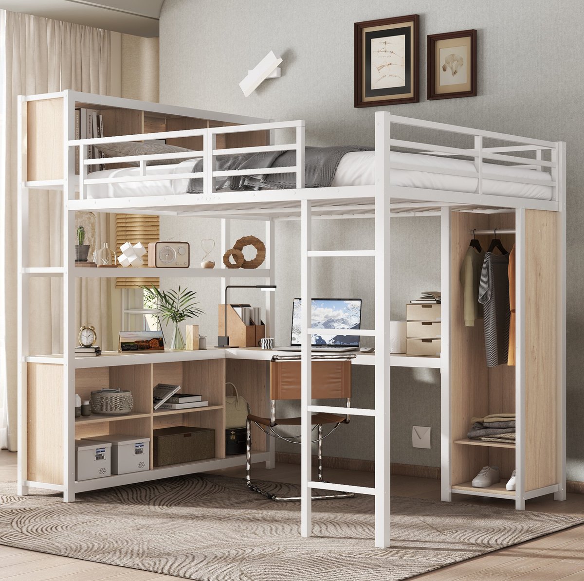 MEUNIQ Hoogslaper 140x200 cm met bureau, dubbel opbergruimte, kledingkast, ladder en lattenbodem, metalen bedframe in wit en naturel voor slaapkamer White