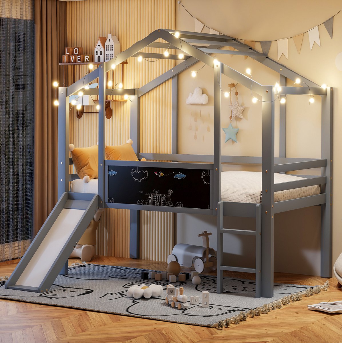 MEUNIQ hoogslaper kinderbed 90 x 200 cm met glijbaan, ladder, zwart bord, huisvorm en uitvalbeveiliging voor kinderkamer, grijs Grey