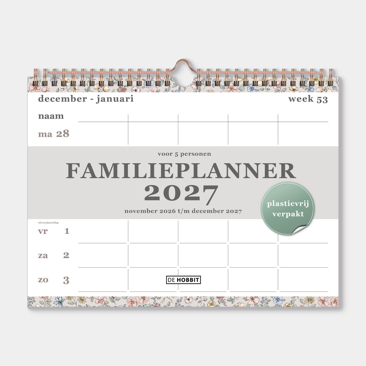 Hobbit - Familieplanner 2027 - Familiekalender - Spiraalgebonden - 5 personen - A4+ (22 x 29,7 cm) - Pastel Bloemetjes