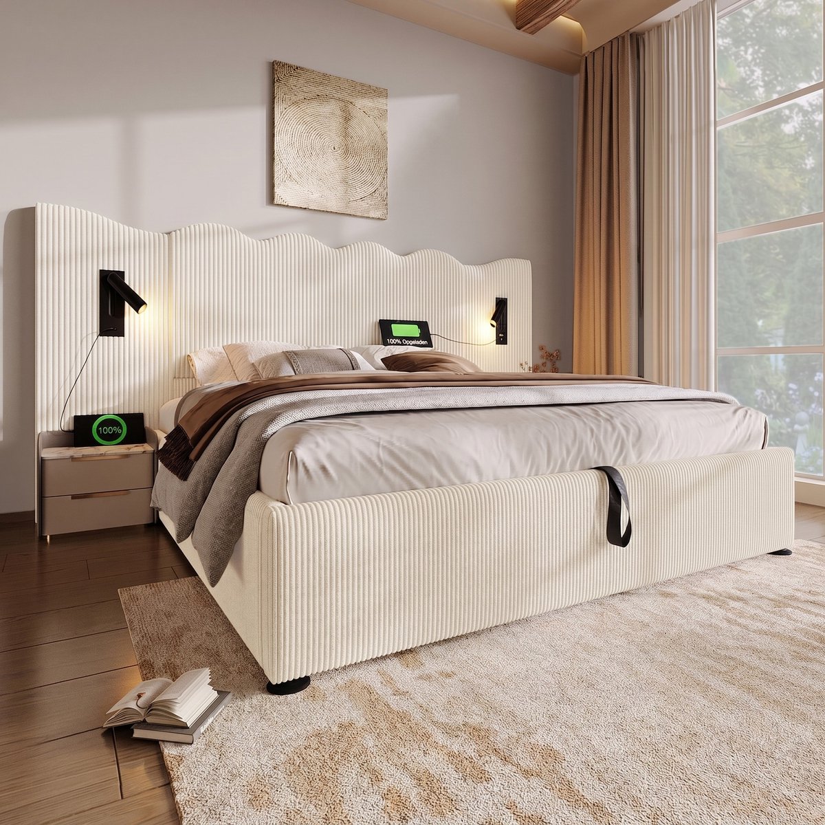 VVBV Gestoffeerd Opbergbed 180x200 cm - USB-C, Hydraulische Opbergruimte, Lattenbodem, Lee