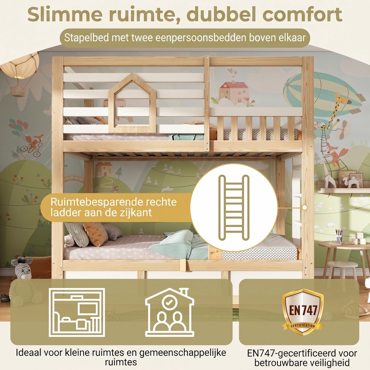 VVBV Stapelbed 90x200 – Kinderstapelbed met Opbergruimte en Veiligheidshek – Hout – Zonder Matras – Wit – Voor Kinderen en Tieners Oak,White