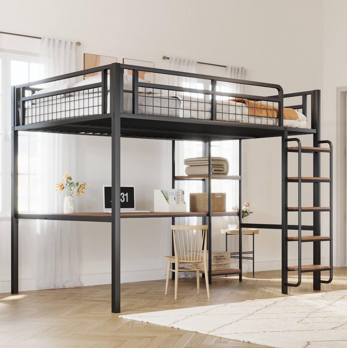 MEUNIQ metalen hoogslaper 140x200 cm met bureau en opbergrekken, veilige trap en uitvalbeveiliging, slaapkamer, zwart Black