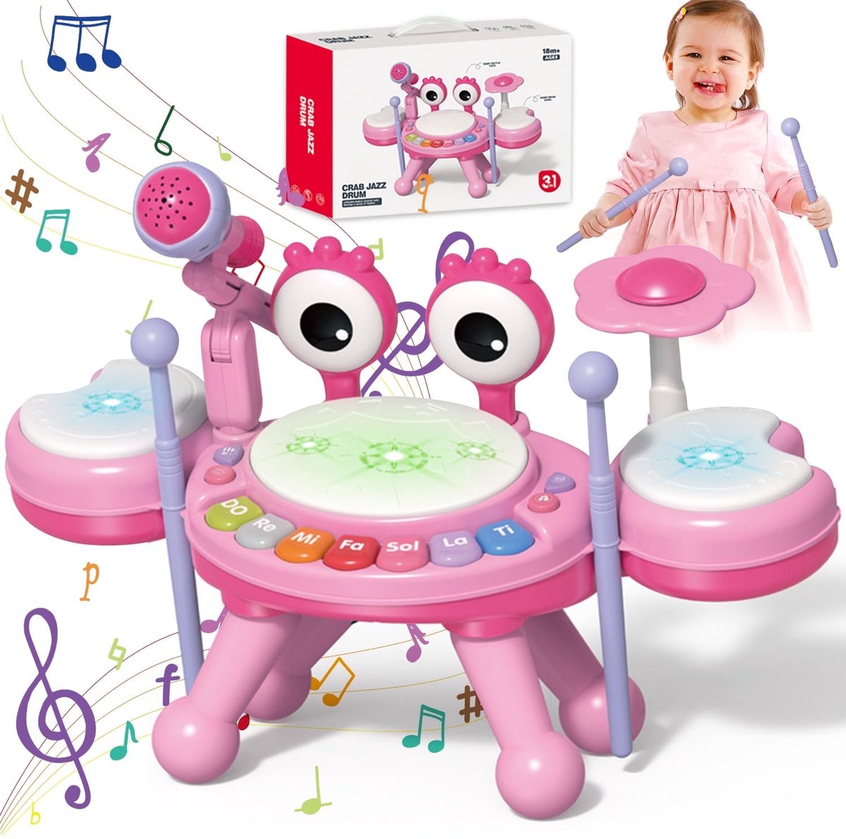 VONKELIOS®Babydrumstel in krabvorm - elektronische drumkit voor peuters met microfoon en maraca's - oplichtend muziekinstrumentenspeelgoed voor jongens en meisjes van 1-3 jaar - vroegeducatief percussiespeelgoed - verjaardagscadeau
