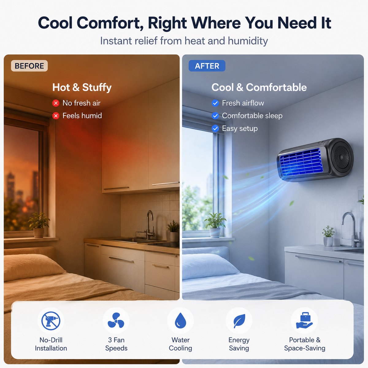 Bobypet - Premium Aircooler Muurmontage - Zonder Boren Ventilator - Energiezuinige Koeler met Drie Snelheden - Draagbare Mobiele Airco Cooler voor Slaapkamer, Keuken en Badkamer - Compacte Wandventilator met Geavanceerde Waterkoeling - grijs thumbnail 8