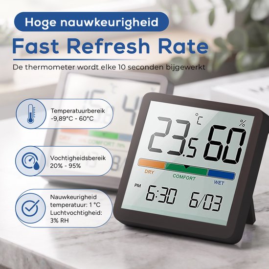 YUCONN Hygrometer - Luchtvochtigheidsmeter - Weerstation - Thermometer Binnen - Temperatuurmeter binnen - inclusief magneetstrip - Zwart